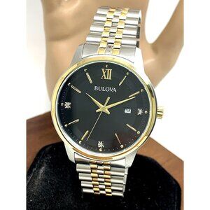 Bulova Mens Watch 98D163 Quartz Diamond Black Dial Two Tone Stainless Steel 41mm